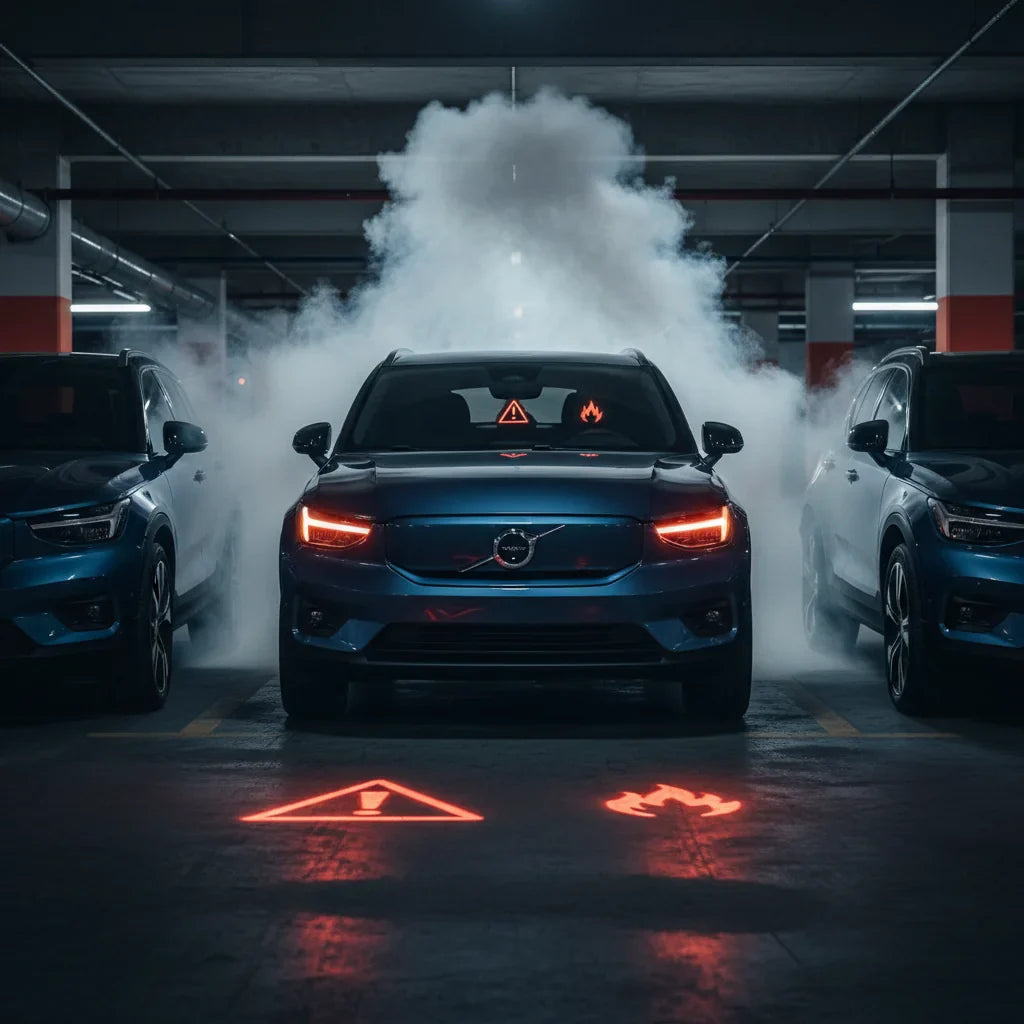 Editorial photo-realistic HERO image for automotive news (2026-03-04). Feature Volvo vehicles specifically EX30. Scene: A dramatic shot of the Volvo E