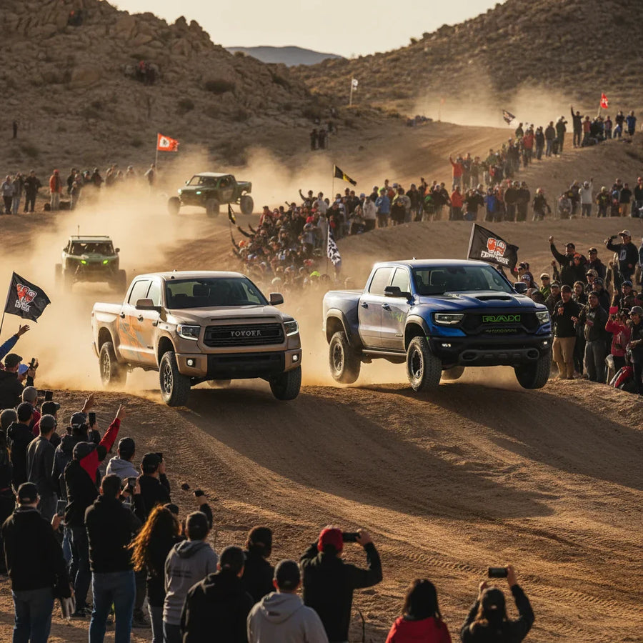 Editorial photo-realistic HERO image for automotive news (2026-03-19). Feature Toyota and Ram vehicles specifically Toyota Tundra, Ram TRX. Scene: A r