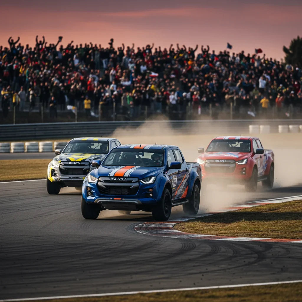 Editorial photo-realistic HERO image for automotive news (2026-03-30). Feature Isuzu vehicles specifically D-Max Racer. Scene: An Isuzu D-Max Racer sp