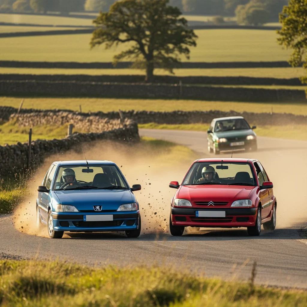 Editorial photo-realistic HERO image for automotive news (2026-05-09). Feature Peugeot and Citroën vehicles specifically Peugeot 106 GTi, Citroën Saxo