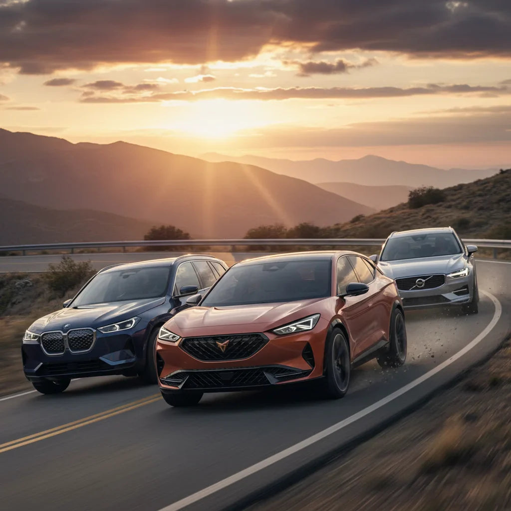 Editorial photo-realistic HERO image for automotive news (2026-05-25). Feature Cupra and BMW and Volvo vehicles specifically Cupra electric SUV, BMW i