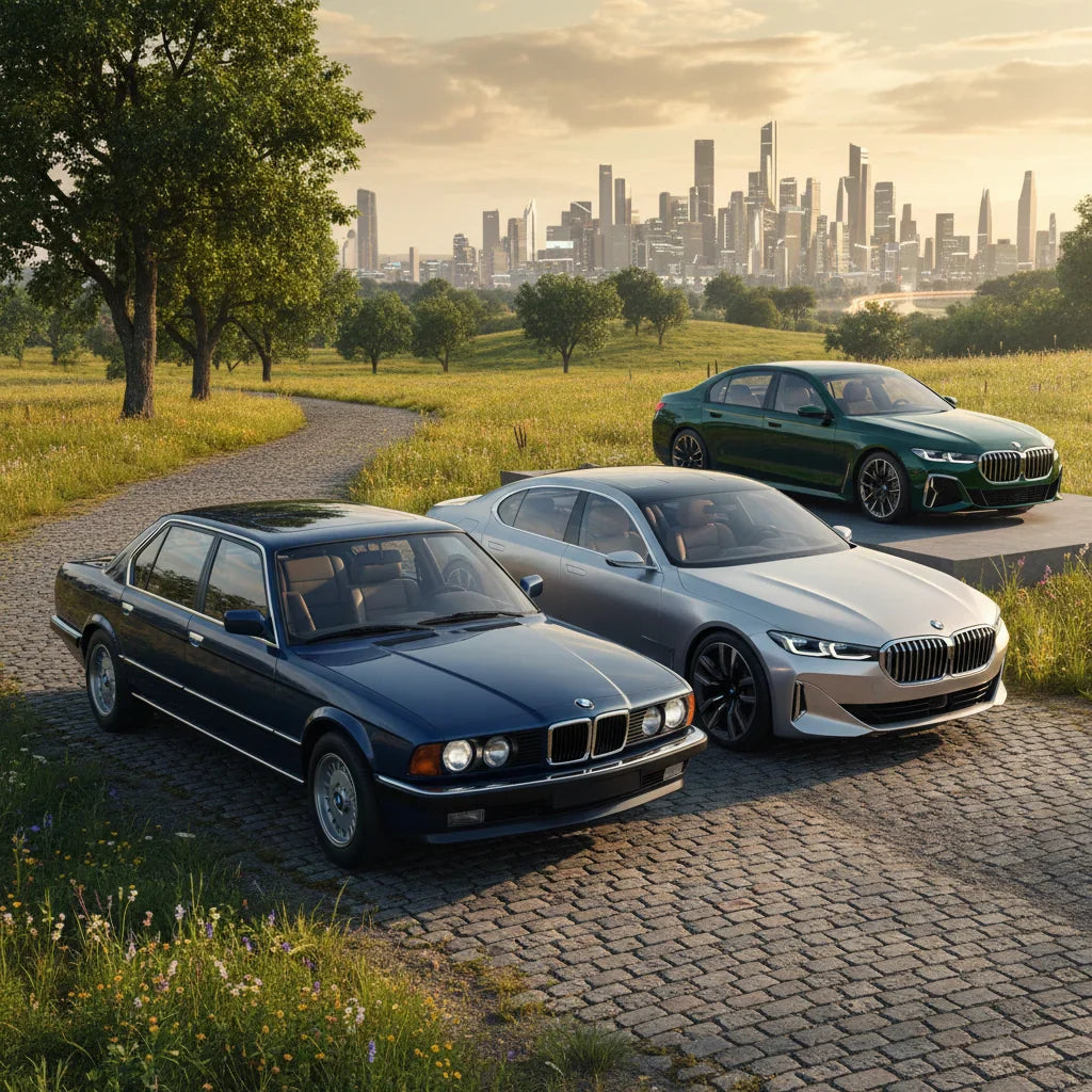Editorial photo-realistic HERO image for automotive news (2026-05-31). Feature BMW vehicles specifically 7 Series. Scene: A classic BMW 7 Series parke
