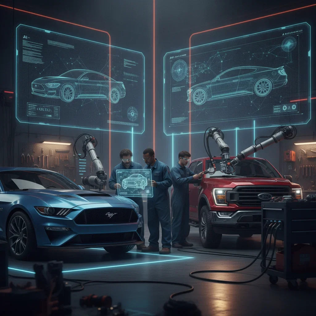 Editorial photo-realistic HERO image for automotive news (2026-06-30). Feature Ford vehicles specifically Ford Mustang, Ford F-150. Scene: A dynamic w