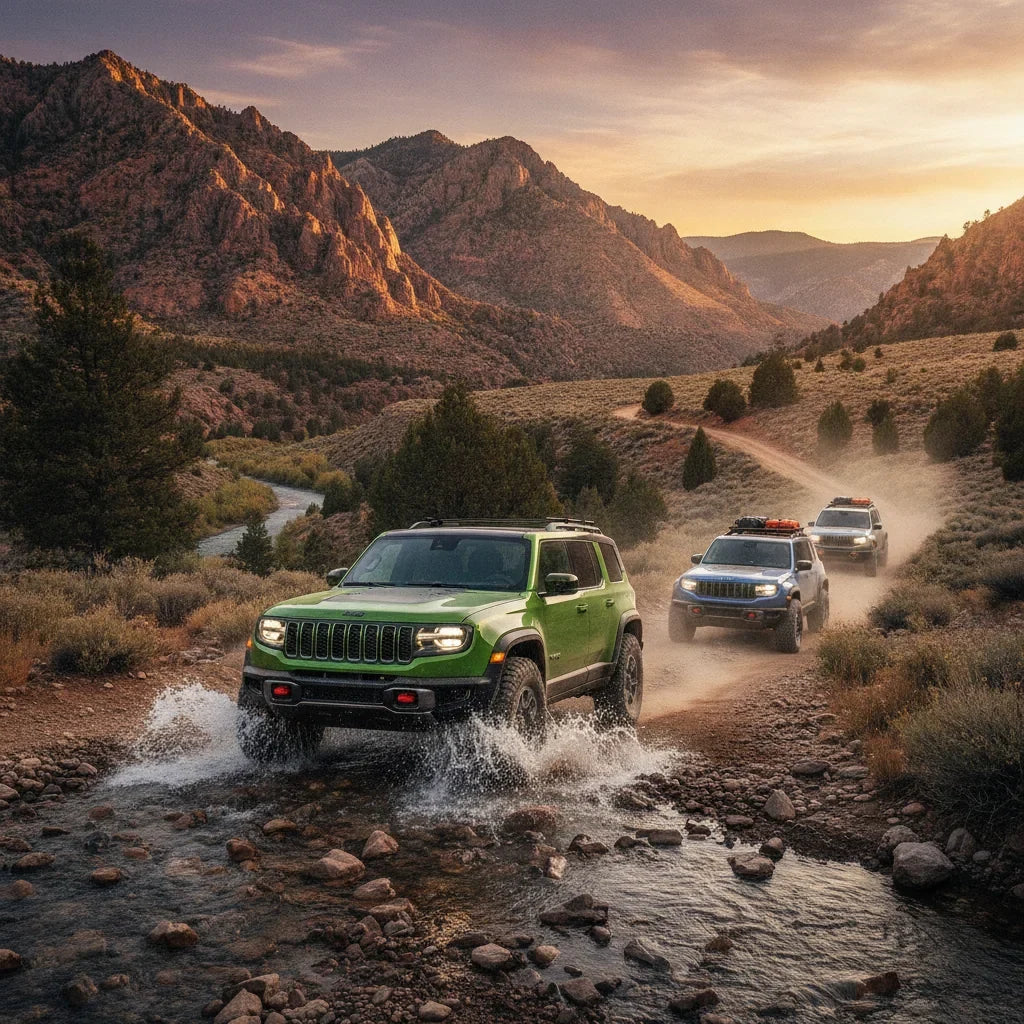 Editorial photo-realistic HERO image for automotive news (2026-08-29). Feature Jeep vehicles specifically Recon EV. Scene: A rugged Jeep Recon EV driv