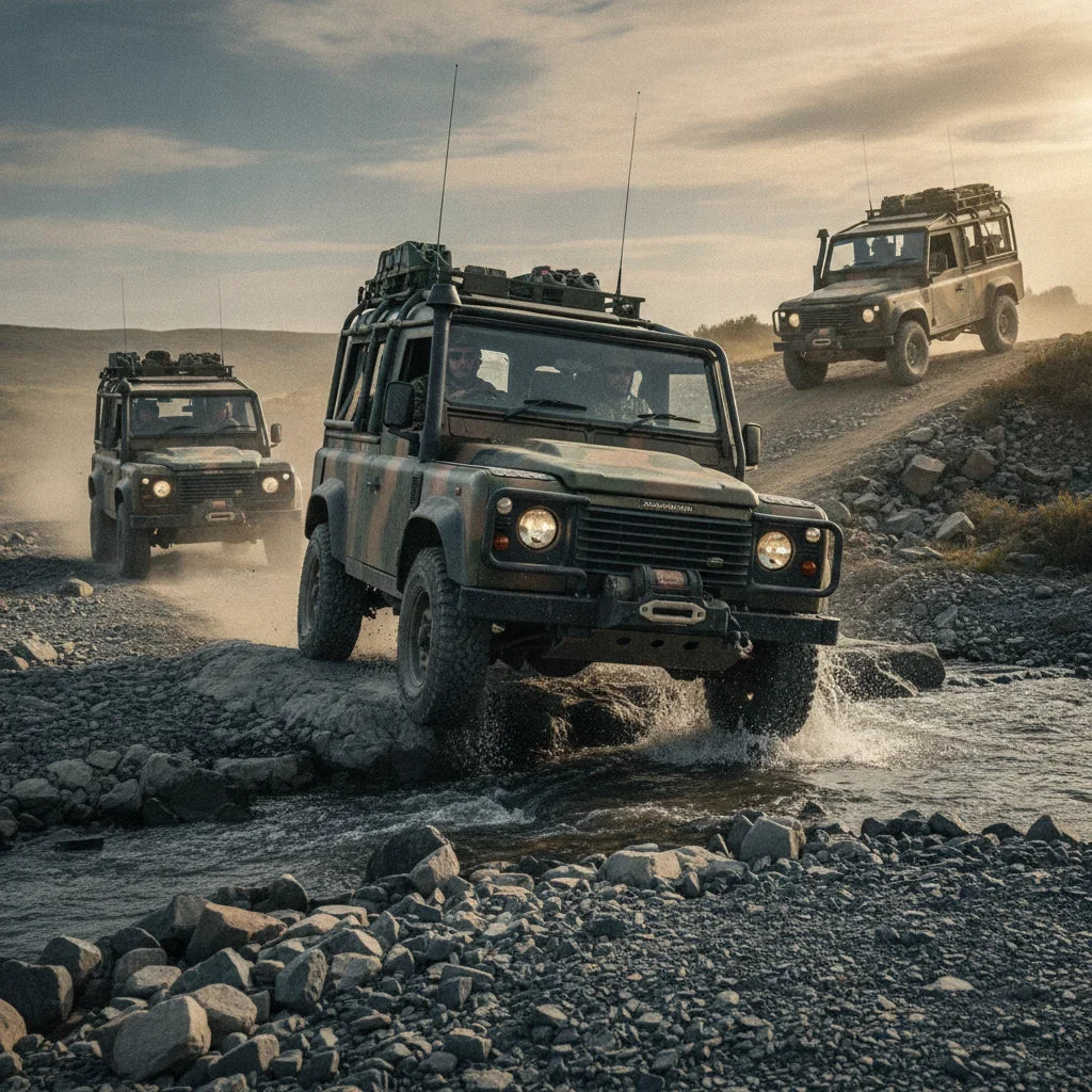 Editorial photo-realistic HERO image for automotive news (2026-09-05). Feature Land Rover vehicles specifically Defender Wolf Series II. Scene: A rugg