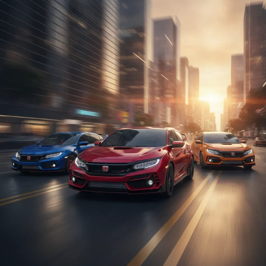 Editorial photo-realistic HERO image for automotive news (2026-10-05). Feature Honda vehicles specifically Civic Type R. Scene: A sleek, facelifted Ho
