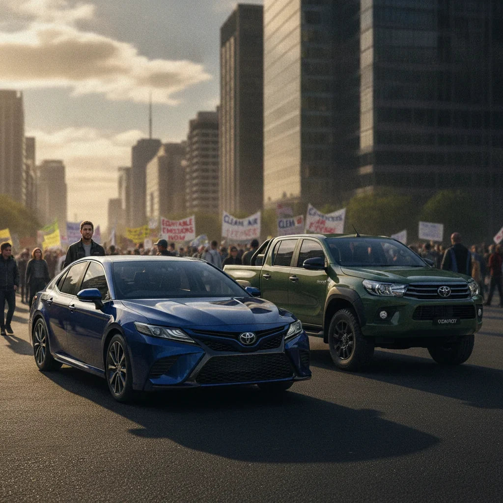 Editorial photo-realistic HERO image for automotive news (2026-10-07). Feature Toyota vehicles specifically Toyota Camry, Toyota Hilux. Scene: A bustl