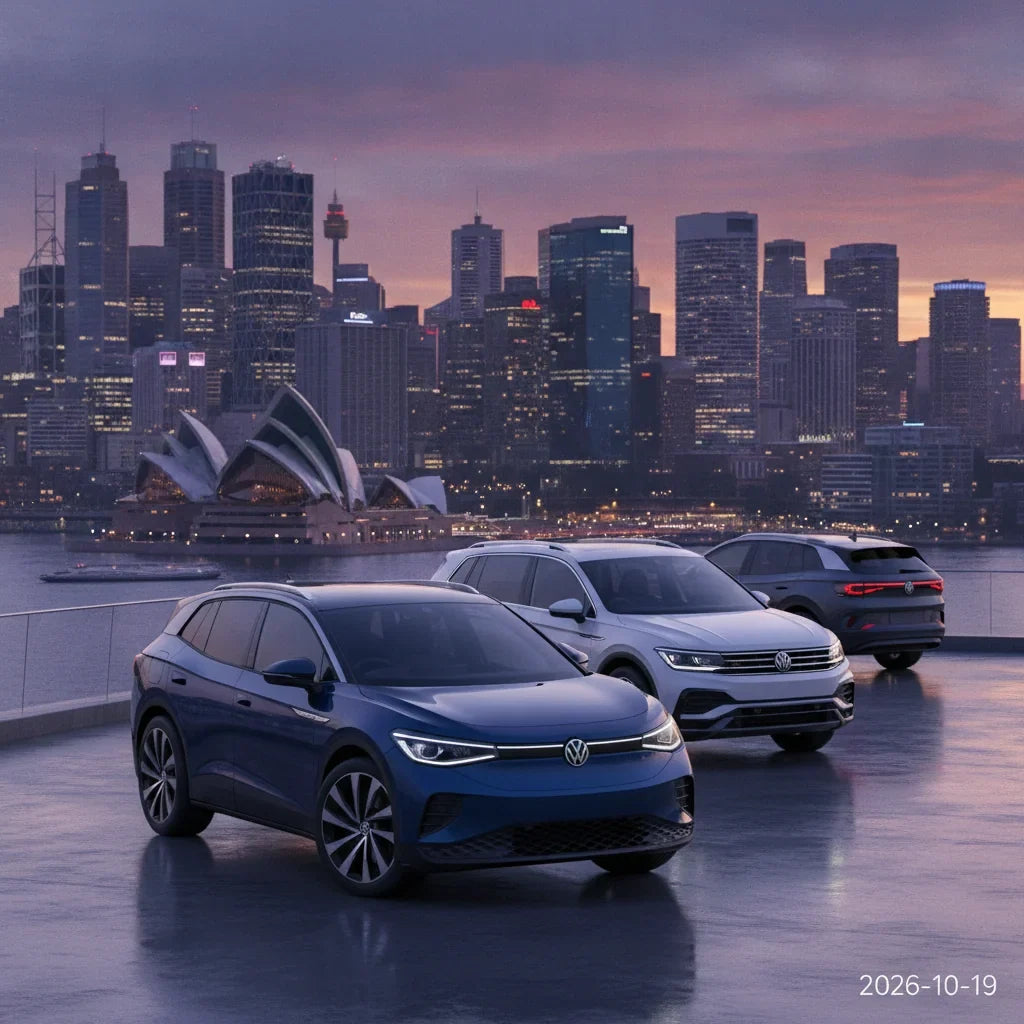 Editorial photo-realistic HERO image for automotive news (2026-10-19). Feature Volkswagen vehicles specifically Volkswagen ID.4, Volkswagen Tiguan. Sc