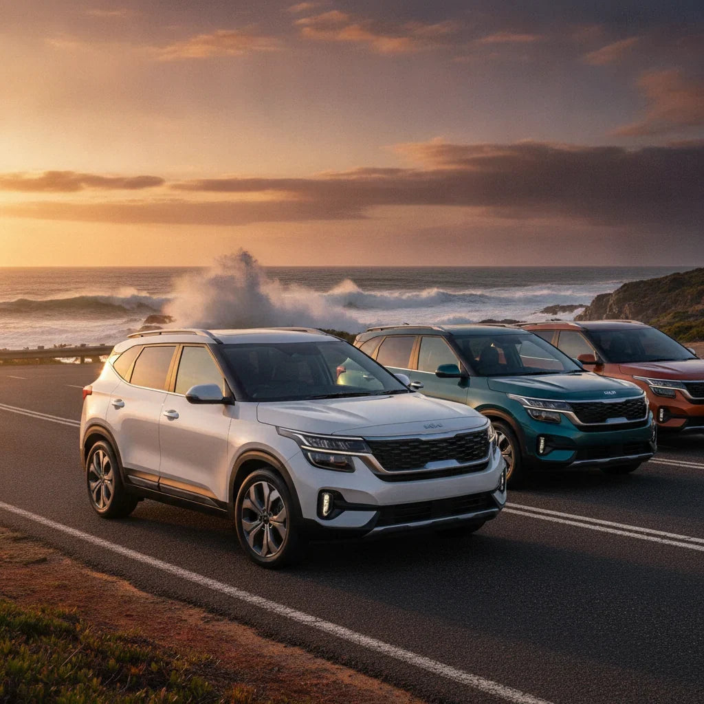 Editorial photo-realistic HERO image for automotive news (2026-10-21). Feature Kia vehicles specifically 2027 Kia Seltos Hybrid. Scene: The new Kia Se