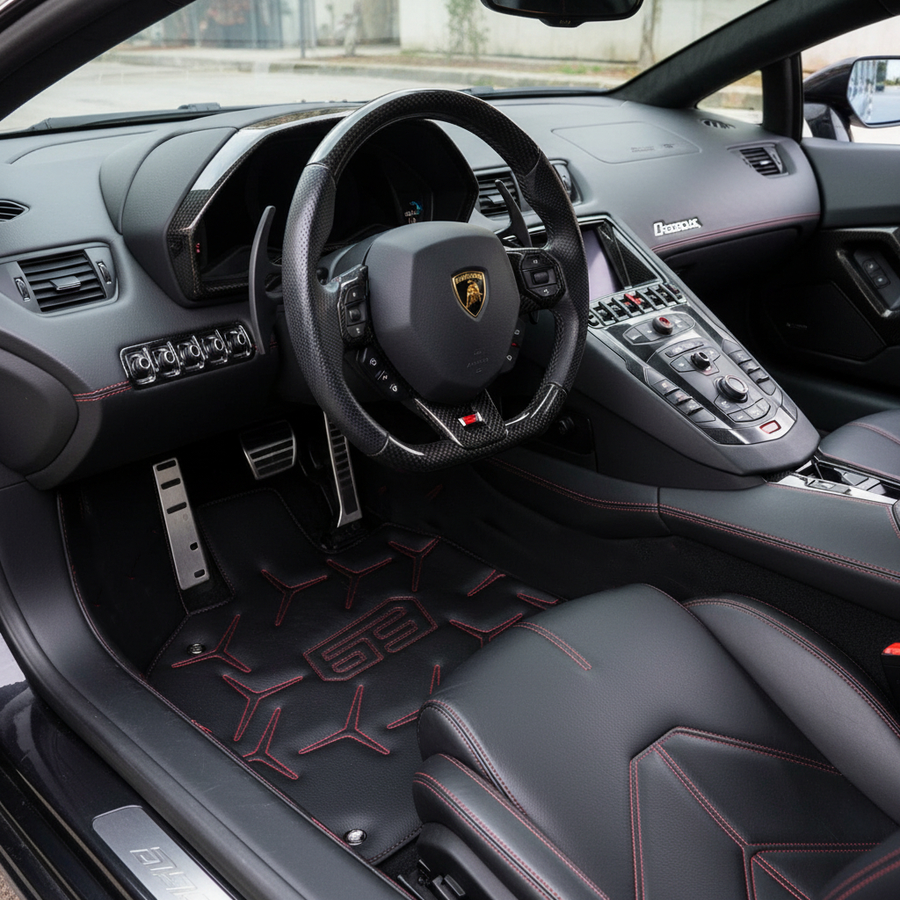 Schwarze Lederfußmatten für Lamborghini Aventador SVJ 63 Edition