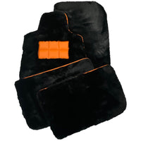 Black Sheepskin Floor Mats for Rolls-Royce Shadow (1965-1977) Orange Leather Trim - AutoWin