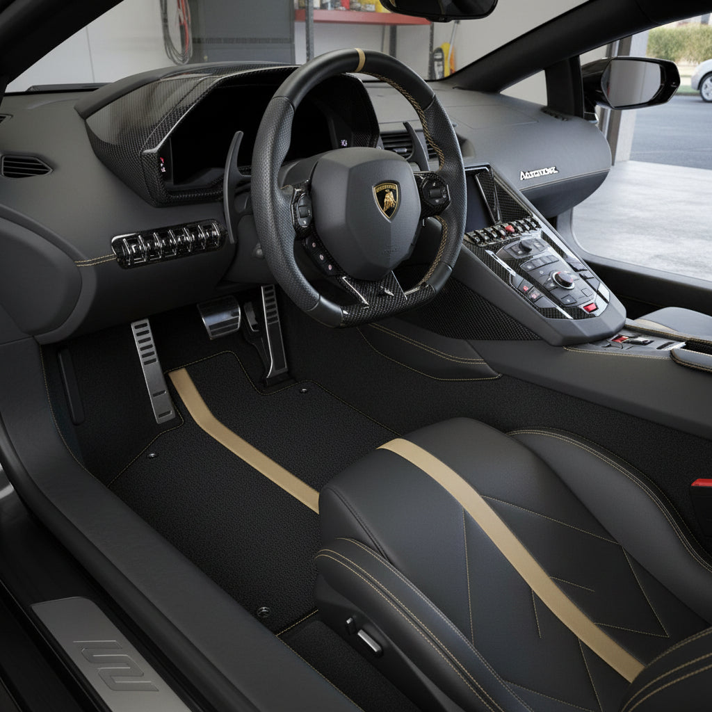 Anpassbare blaue Fußmatten für Lamborghini Aventador mit Alcantara-Leder - AutoWin.EU