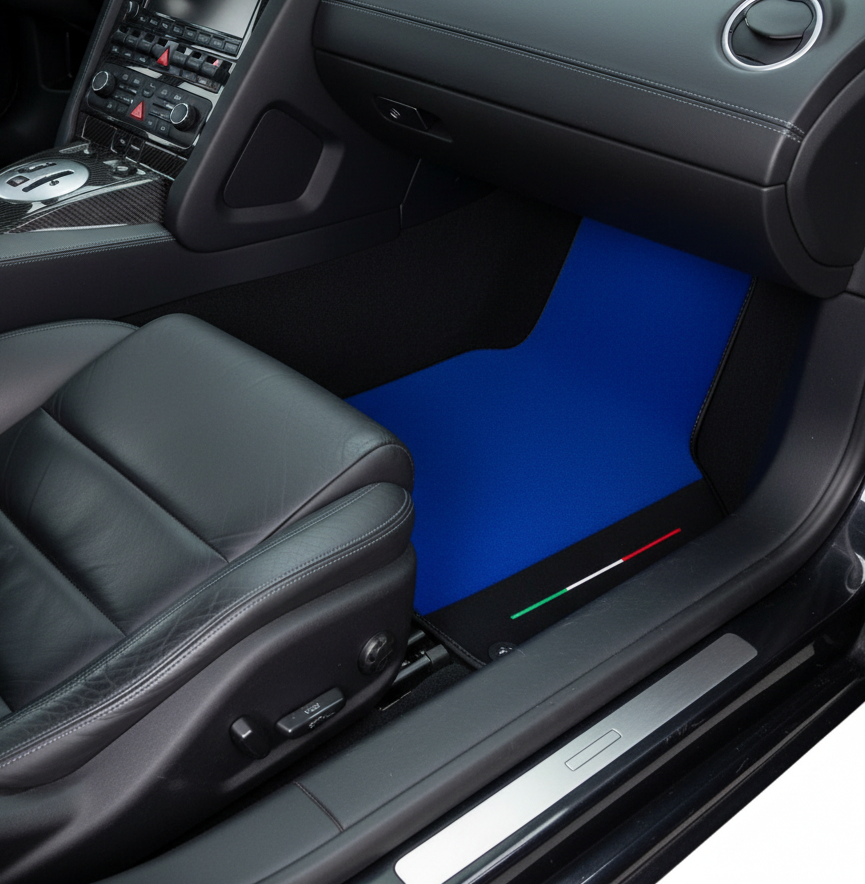 Maßgefertigte blaue Fußmatten für Lamborghini Gallardo mit Alcantara-Leder