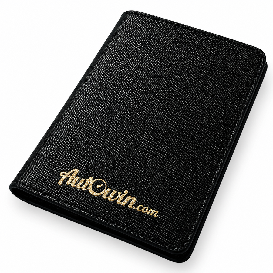 Porte-passeport AutoWin en cuir noir avec logo doré
