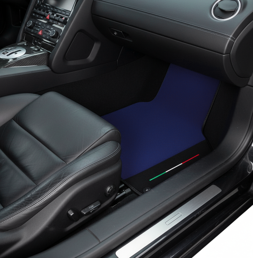 Maßgefertigte dunkelblaue Fußmatten für Lamborghini Gallardo mit Alcantara-Leder