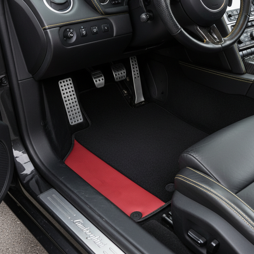 Tapis de voiture noirs sur mesure pour Lamborghini Gallardo avec cuir rouge