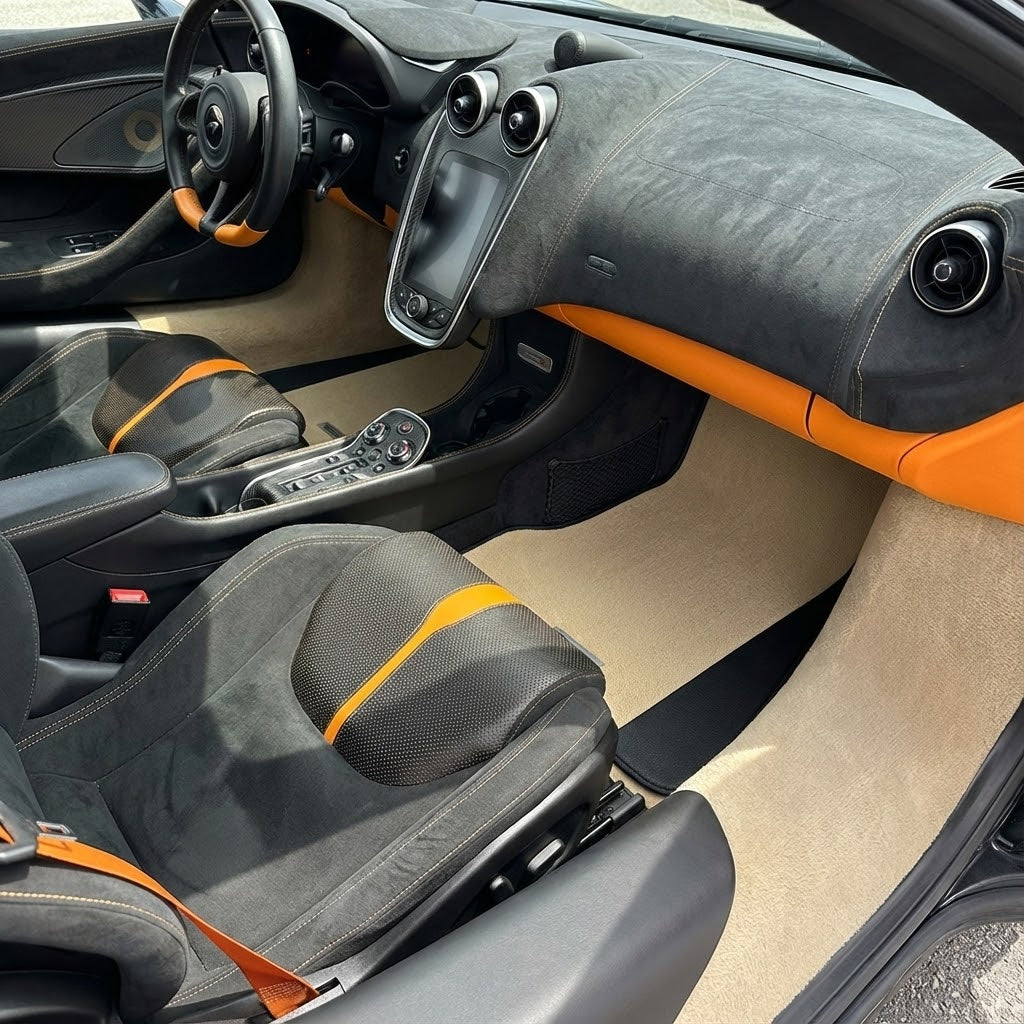 Black Floor Mats For McLaren 570S (2015-2021) With Orange Alcantara Leather - AutoWin