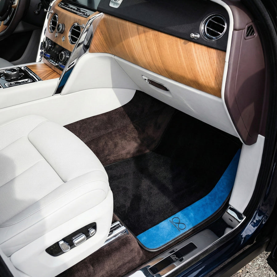 Schwarze Fußmatten für Rolls Royce Black Badge Cullinan Blau Alcantara Leder