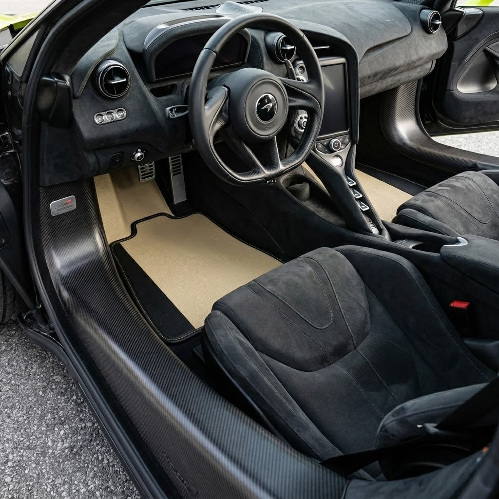 Black Floor Mats for McLaren 750S (2023-2025) with Orange Leather - AutoWin