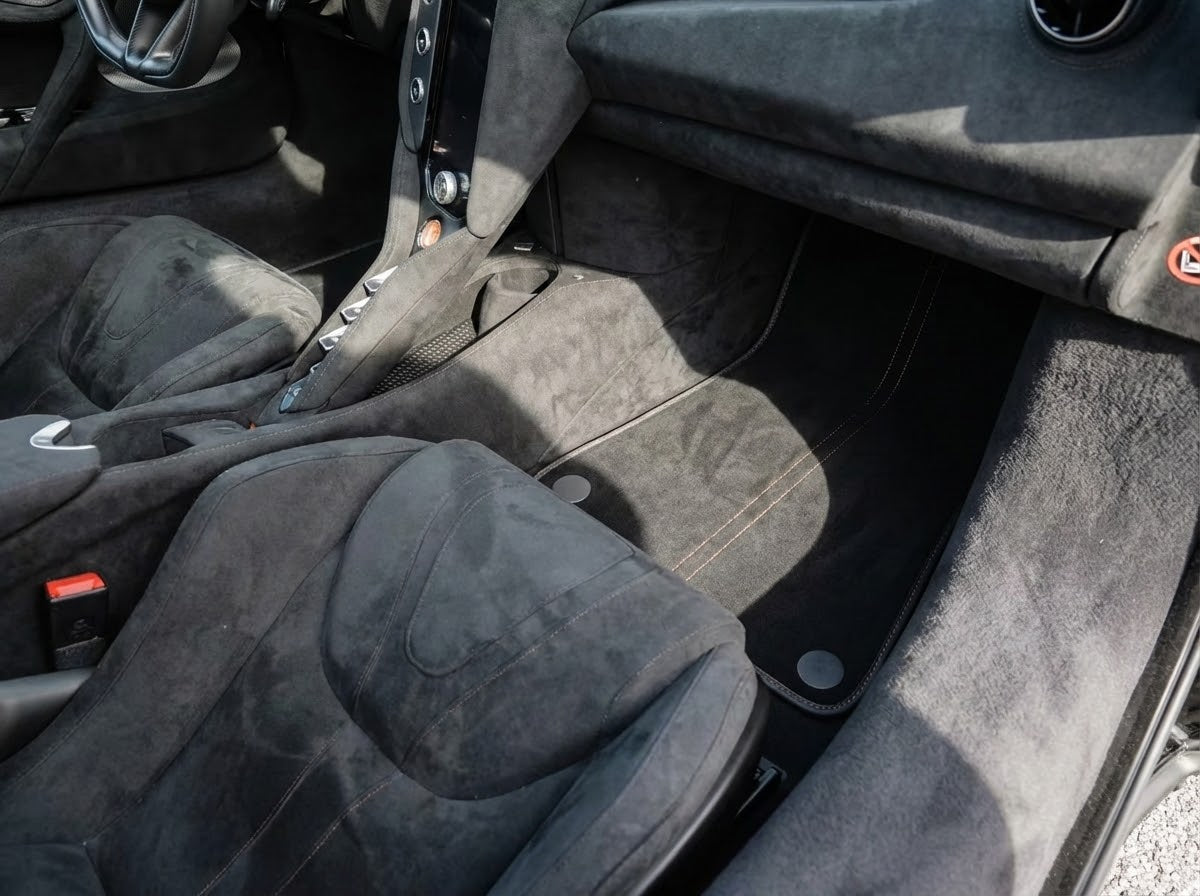 Black Floor Mats for McLaren 750S (2023-2025) with Orange Leather - AutoWin