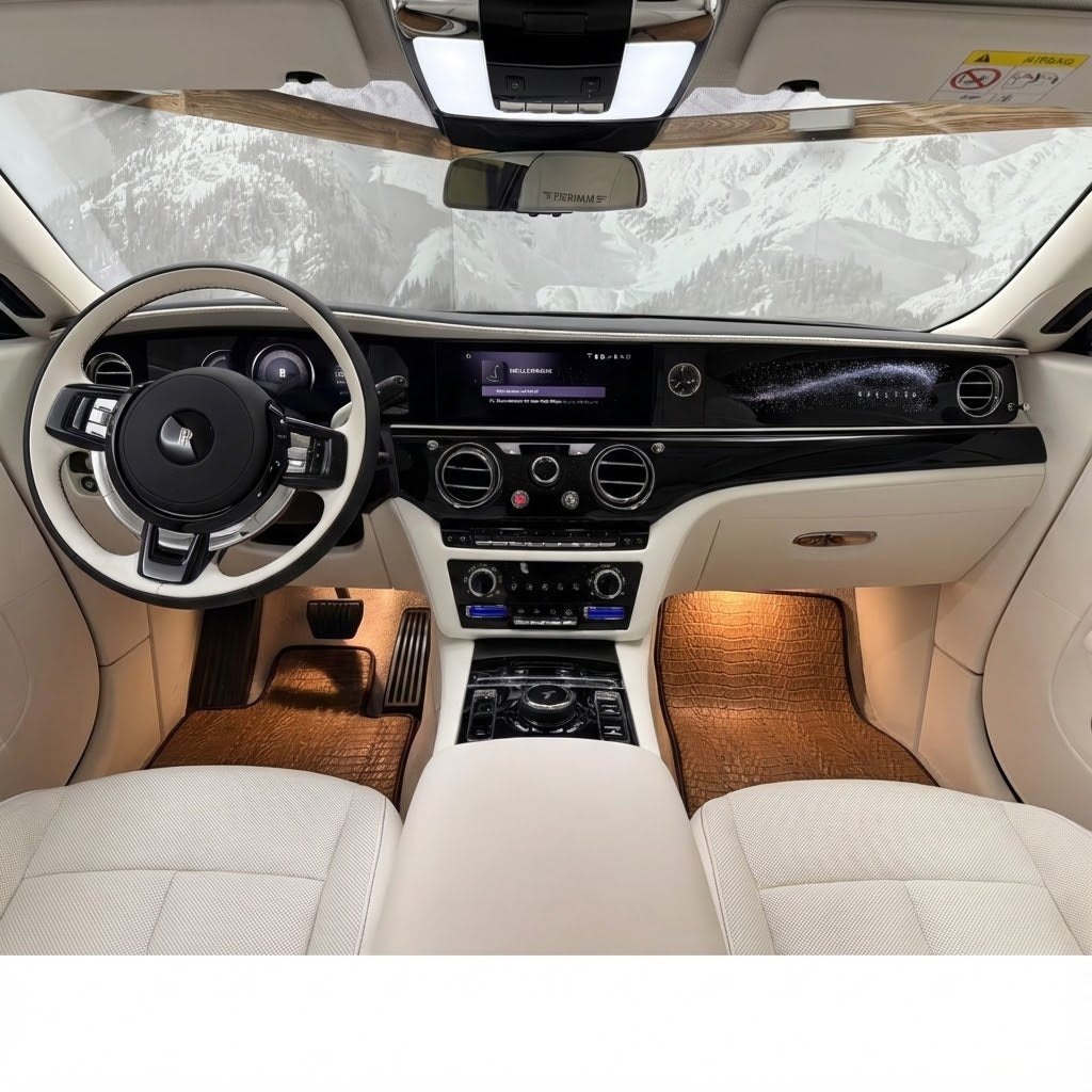 Schwarze Schaffell-Fußmatten für Rolls-Royce Spectre (2023-2024), orangefarbener Lederbesatz - AutoWin