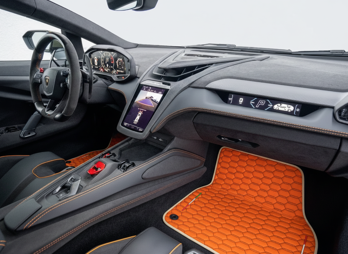 Orangefarbene Leder-Fußmatten für Lamborghini Revuelto (2024–2026).