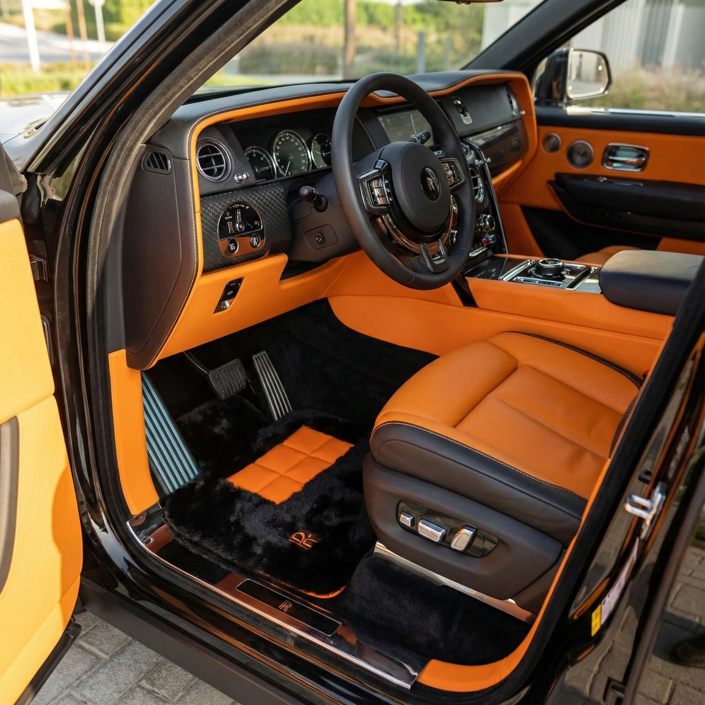 Black Sheepskin Floor Mats for Rolls Royce Cullinan (2018-2025) with Orange Leather