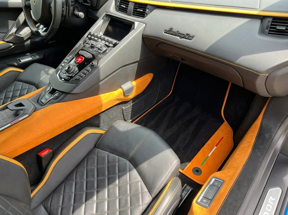 Customizable Black Floor Mats for Lamborghini Aventador With Orange Alcantara Leather