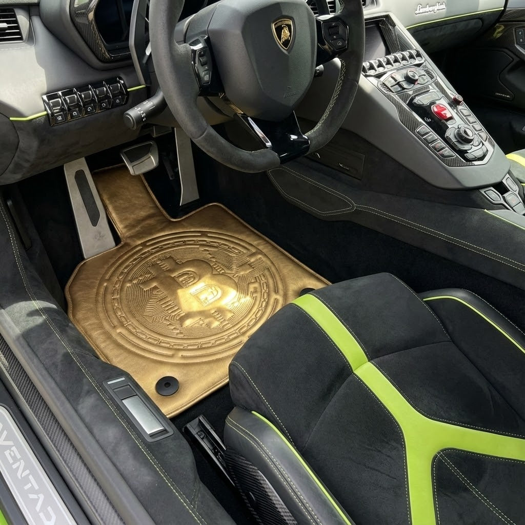 Golden Leather Floor Mats for Lamborghini Aventador with Bitcoin Sewing