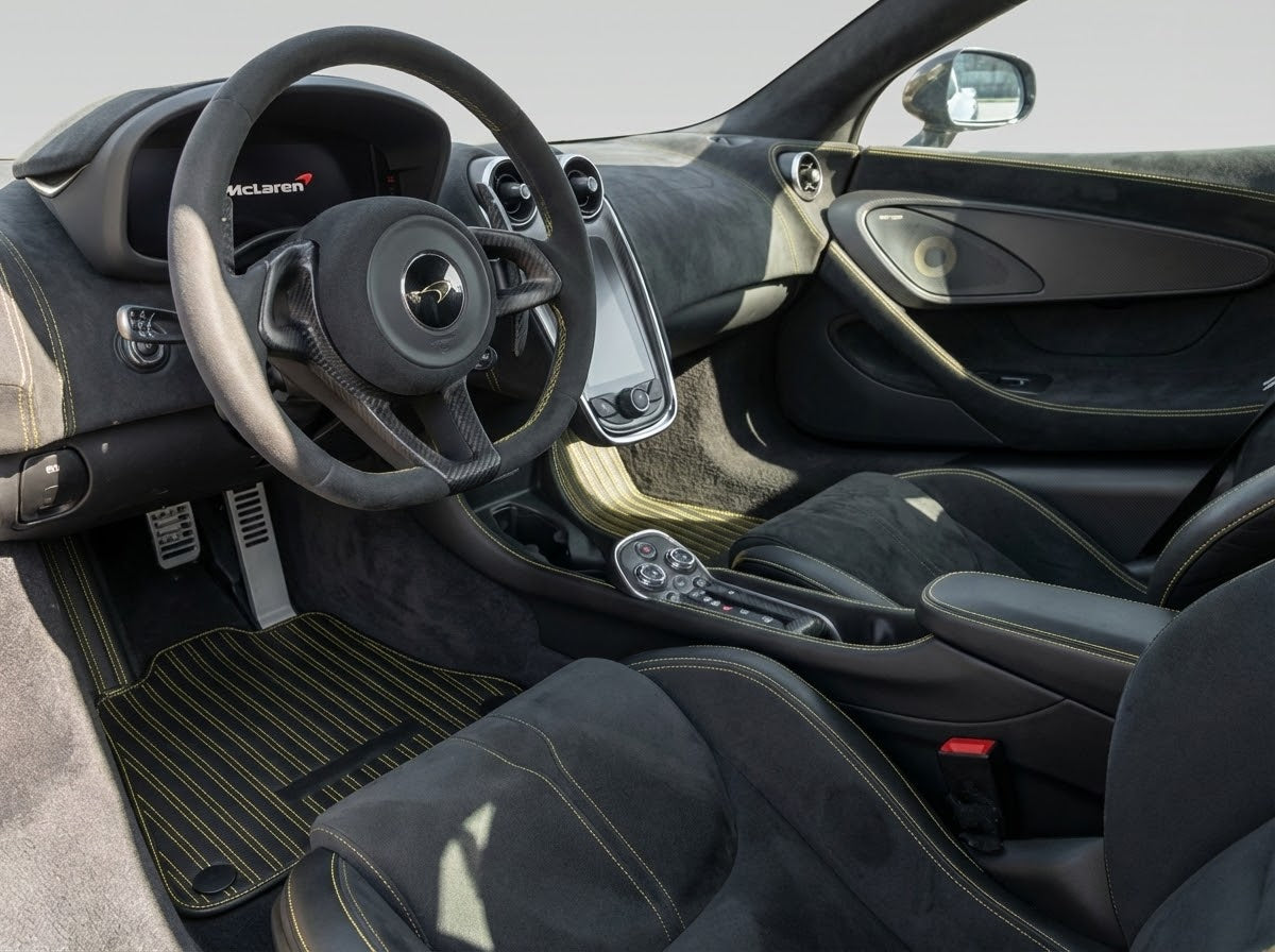 Interior look of floor mats for McLaren 570S (2015-2021) Black Tailored Yellow Sewing