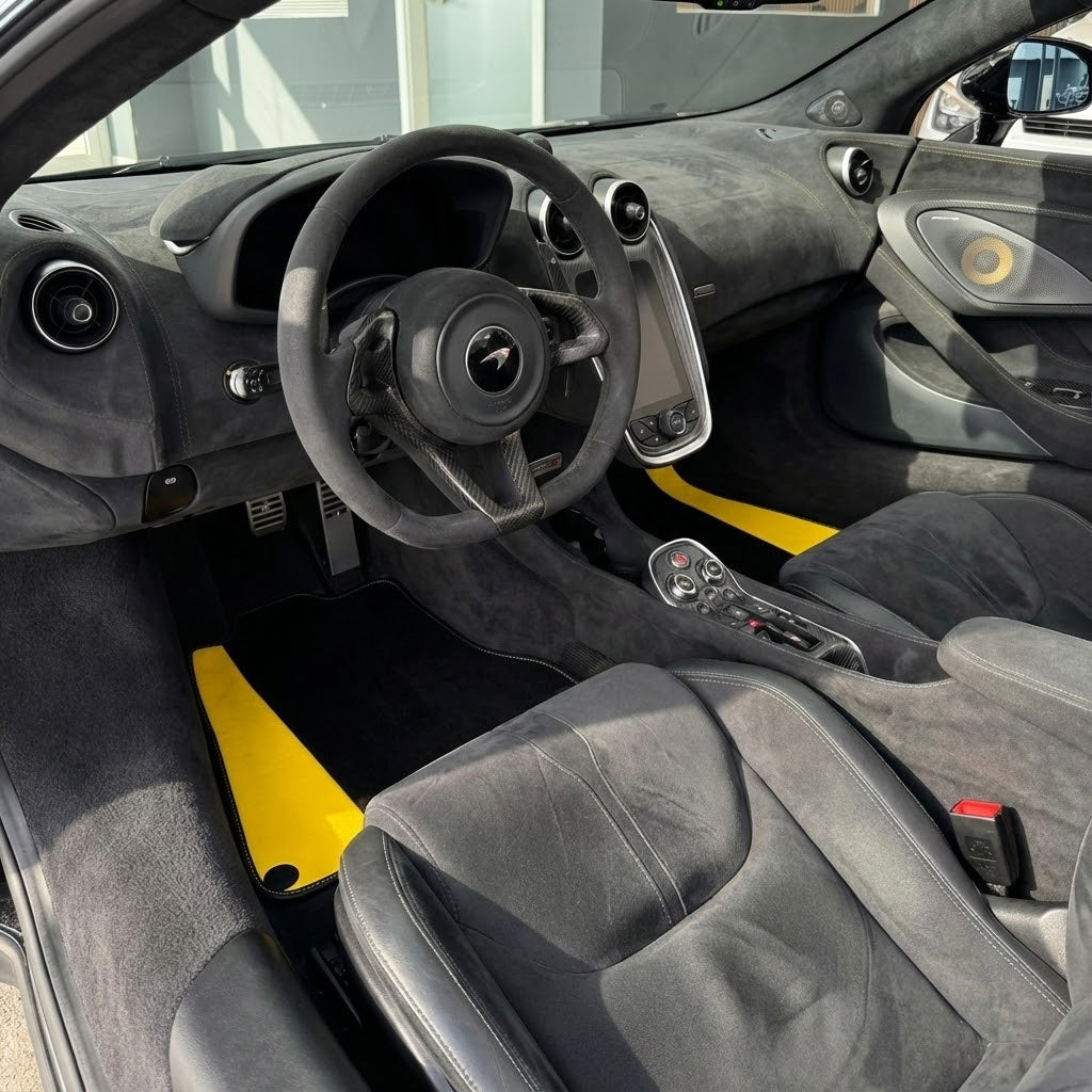 Black Floor Mats for McLaren 600 LT (2018-2020) with Yellow Leather