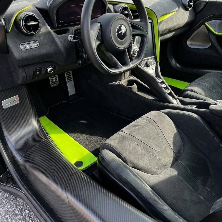 Tapis de voiture noirs pour McLaren 750S (2023-2025) avec cuir vert