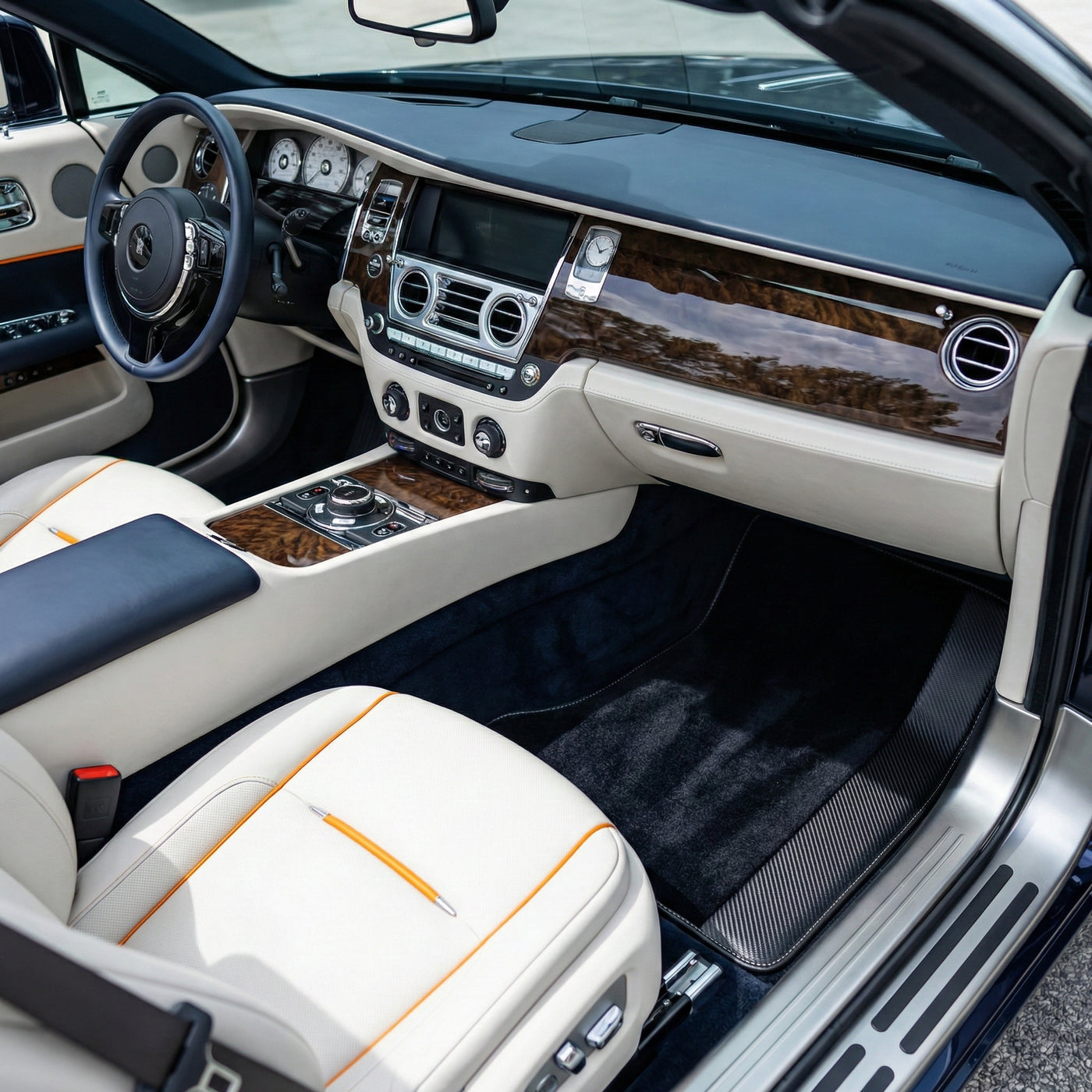 Custom Black Floor Mats for Rolls Royce Dawn (2016-2023) With Carbon Fiber Leather