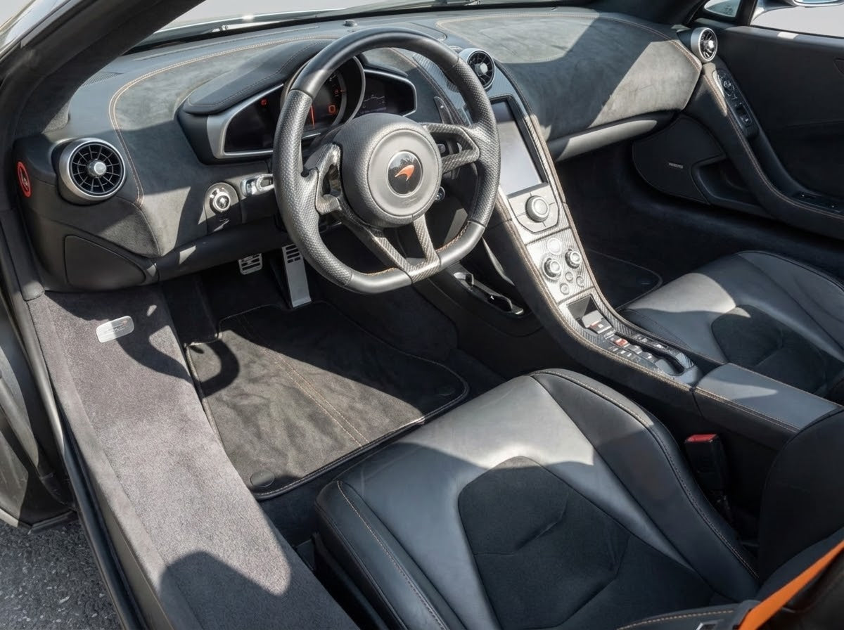 Floor Mats For McLaren 650S (2015-2018) Alcantara Black Tailored Carpets With Orange Sewing