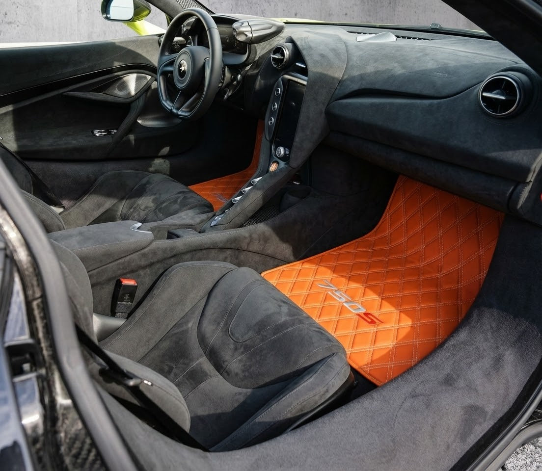 Black Floor Mats for McLaren 750S (2023-2025) with Orange Leather - AutoWin