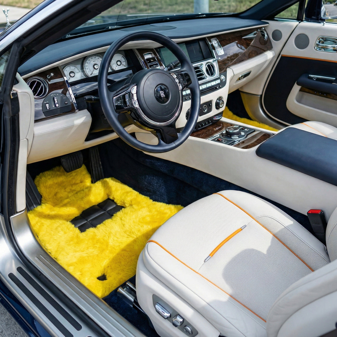 Yellow Sheepskin Floor Mats for Rolls Royce Dawn (2016-2023) ER56 Design Brand