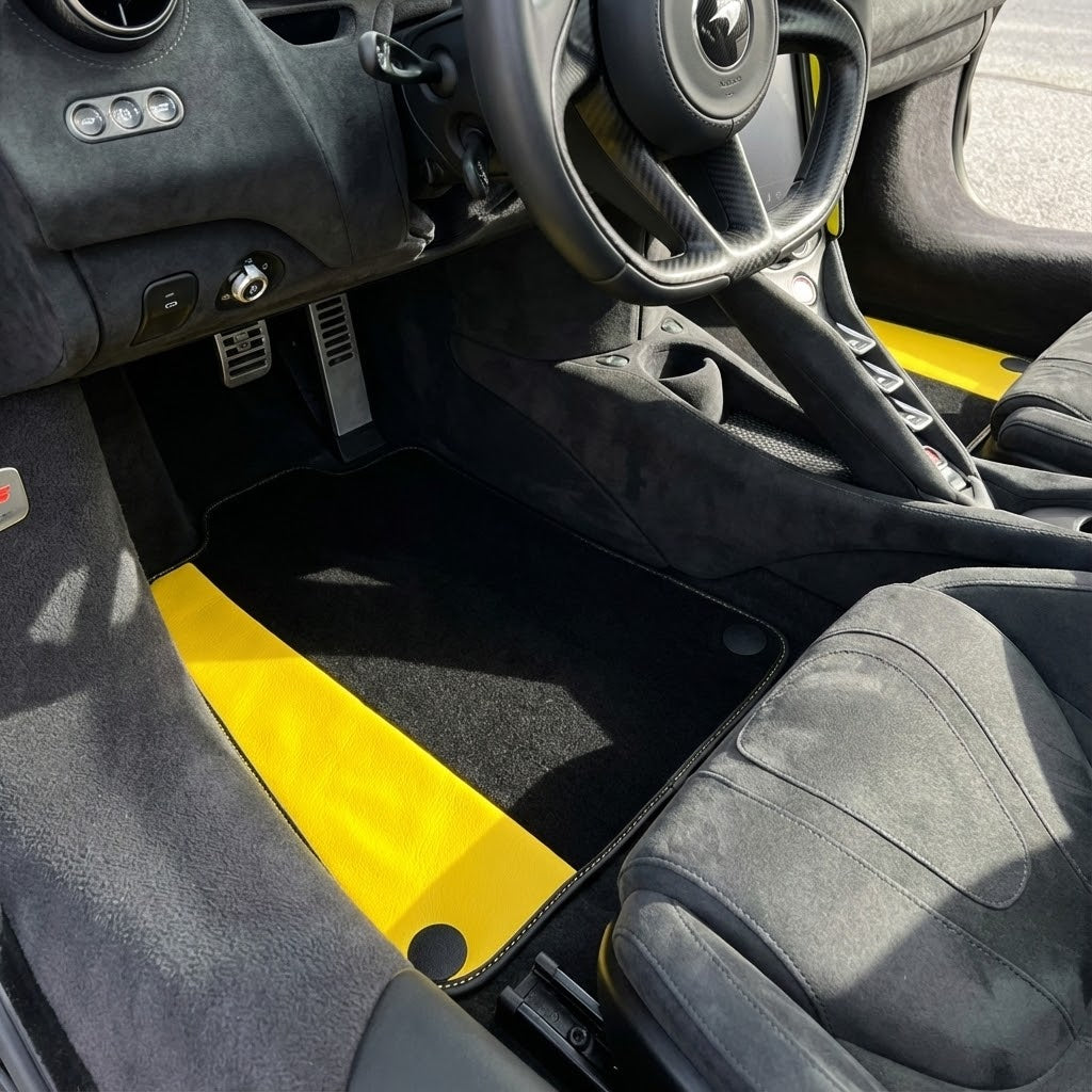 Black Floor Mats for McLaren 750S (2023-2025) with Orange Leather - AutoWin