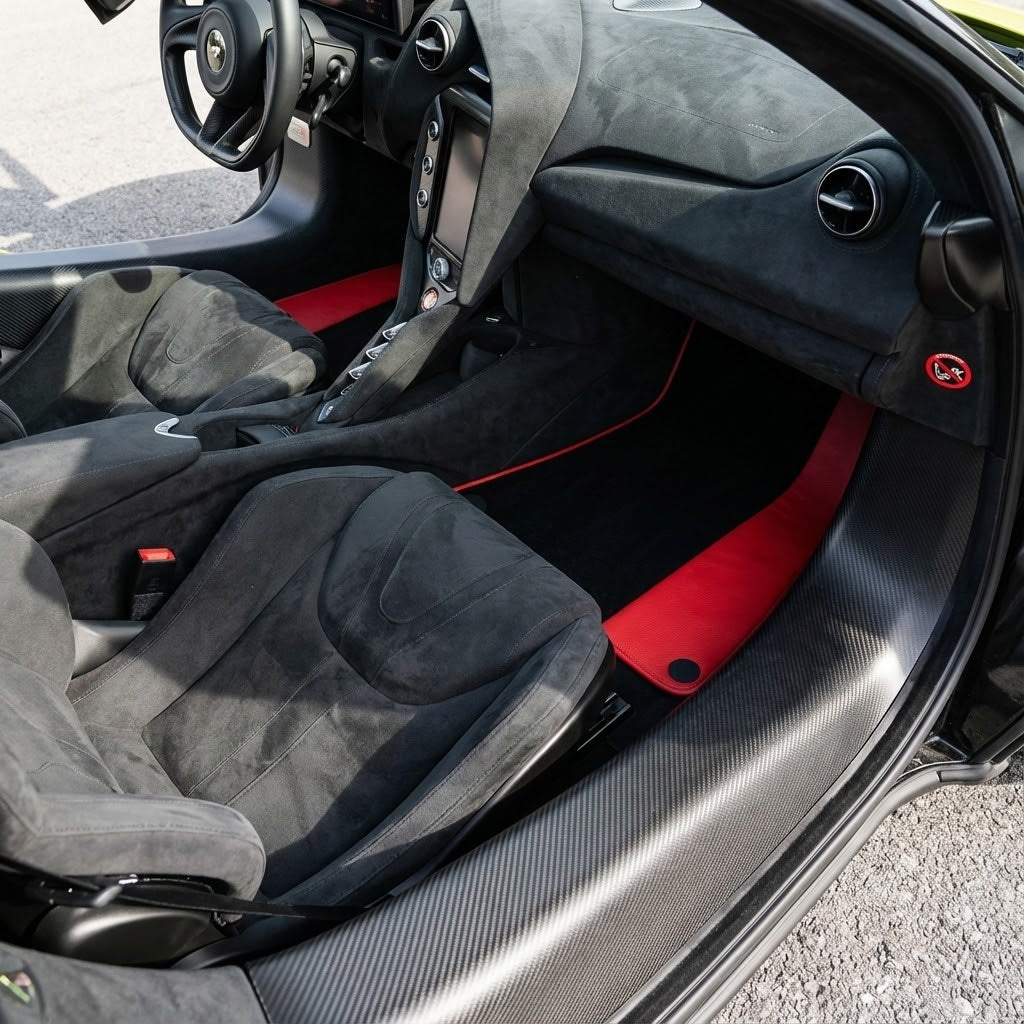 Black Floor Mats for McLaren 750S (2023-2025) with Orange Leather - AutoWin