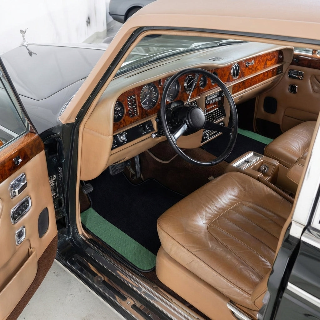 Tapis de voiture noirs pour Rolls Royce Wraith (2013–2023) avec bordures en cuir vert