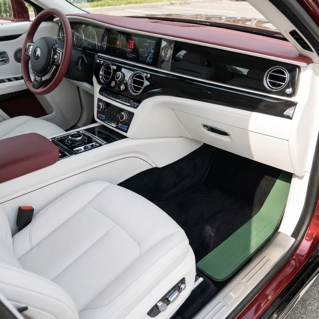 Black Floor Mats for Rolls Royce Spectre (2023-2024) with Green Leather Borders