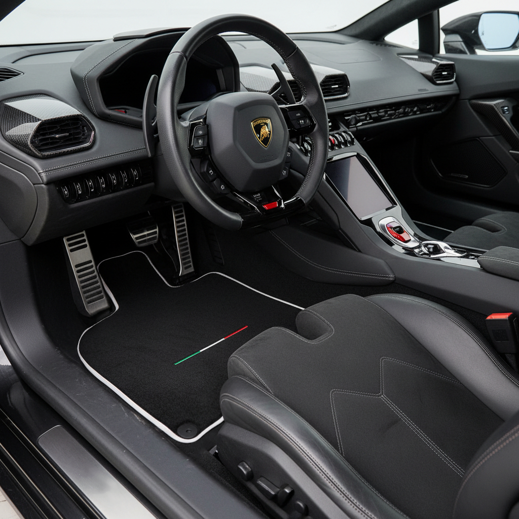 Black Floor Mats for Lamborghini Huracan Sterrato (2023-2024) with Italian Flag | White Trim