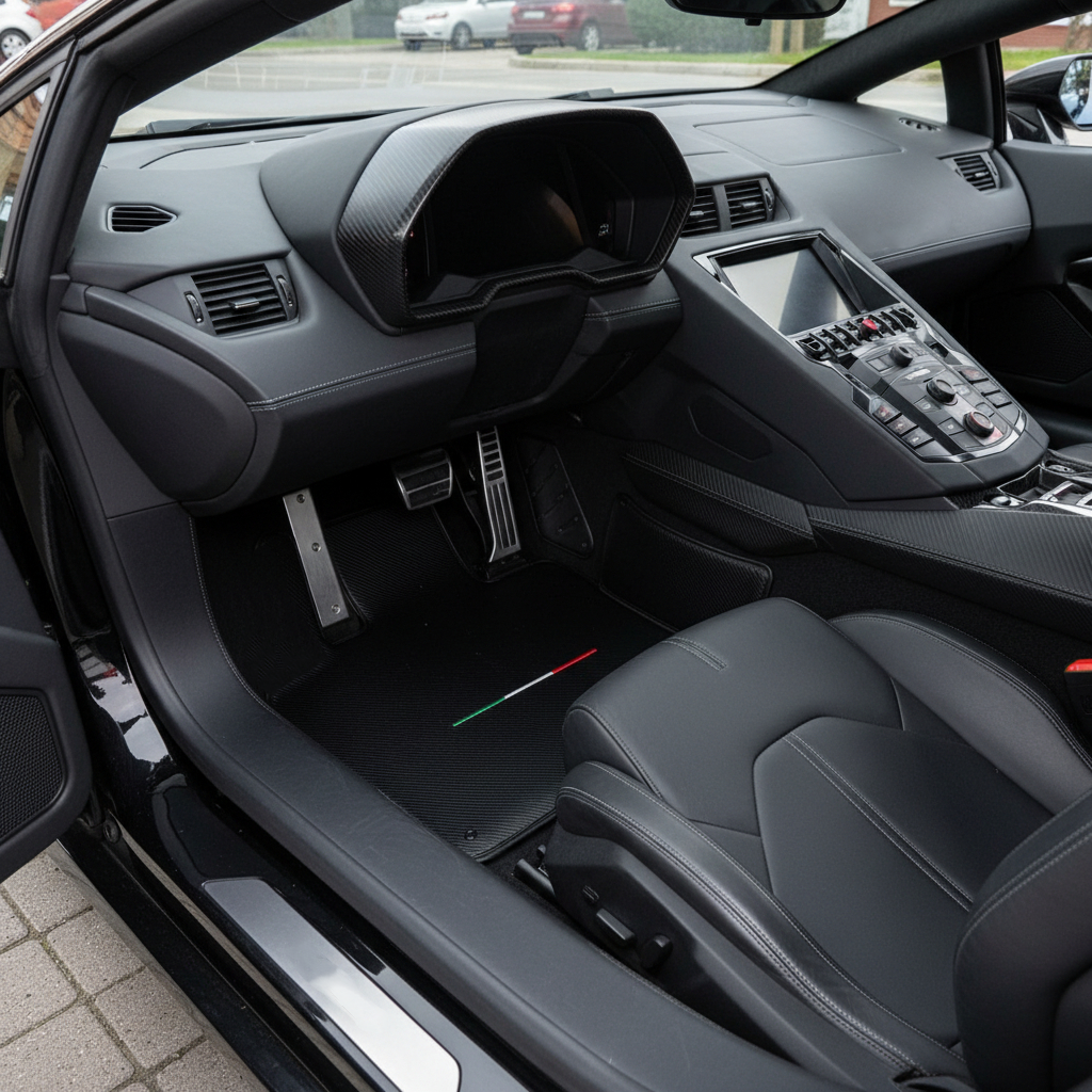 Interior look of floor mats for Lamborghini Aventador Carbon Fiber Leather Limited Edition