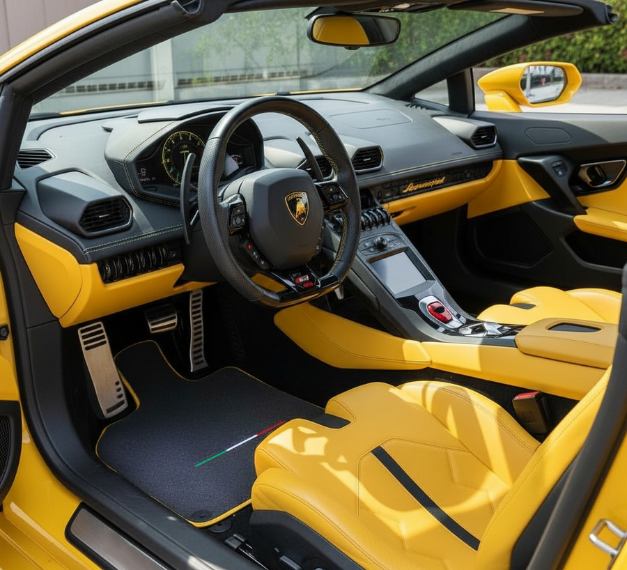 Graue Fußmatten für Lamborghini Huracan EVO mit italienischer Flagge | Gelber Rand