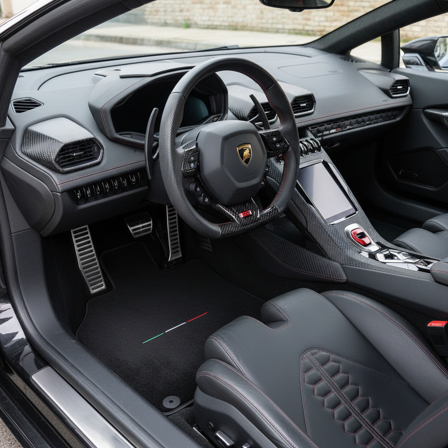 Maßgefertigte schwarze Fußmatten für Lamborghini Huracan EVO (2019-2024)