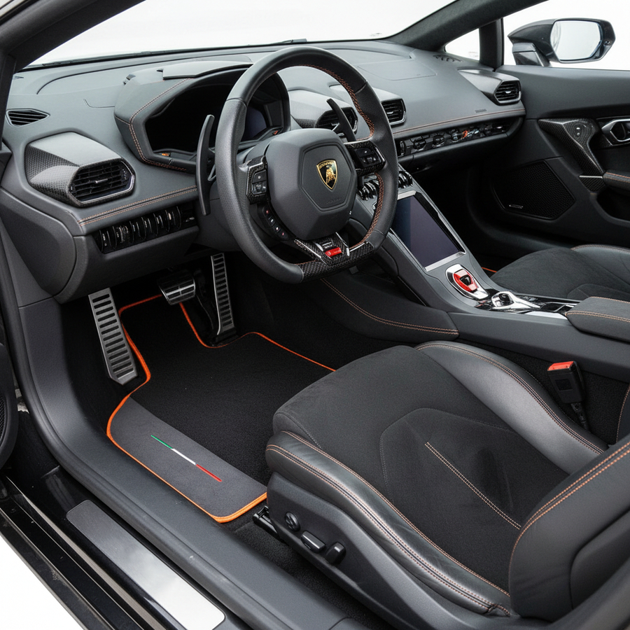 Custom Black Floor Mats for Lamborghini Huracan STO with Black Leather and Orange Trim