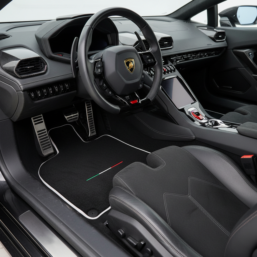 Black Floor Mats for Lamborghini Huracan EVO with Italian Flag | White Trim
