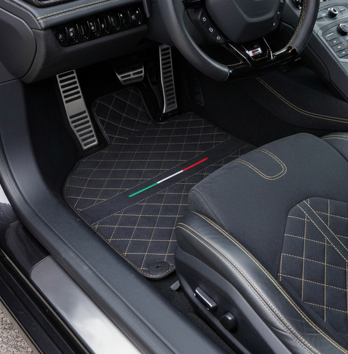 Interior look of floor mats for Lamborghini Huracan Perfomante Alcantara Leather | Italian Flague