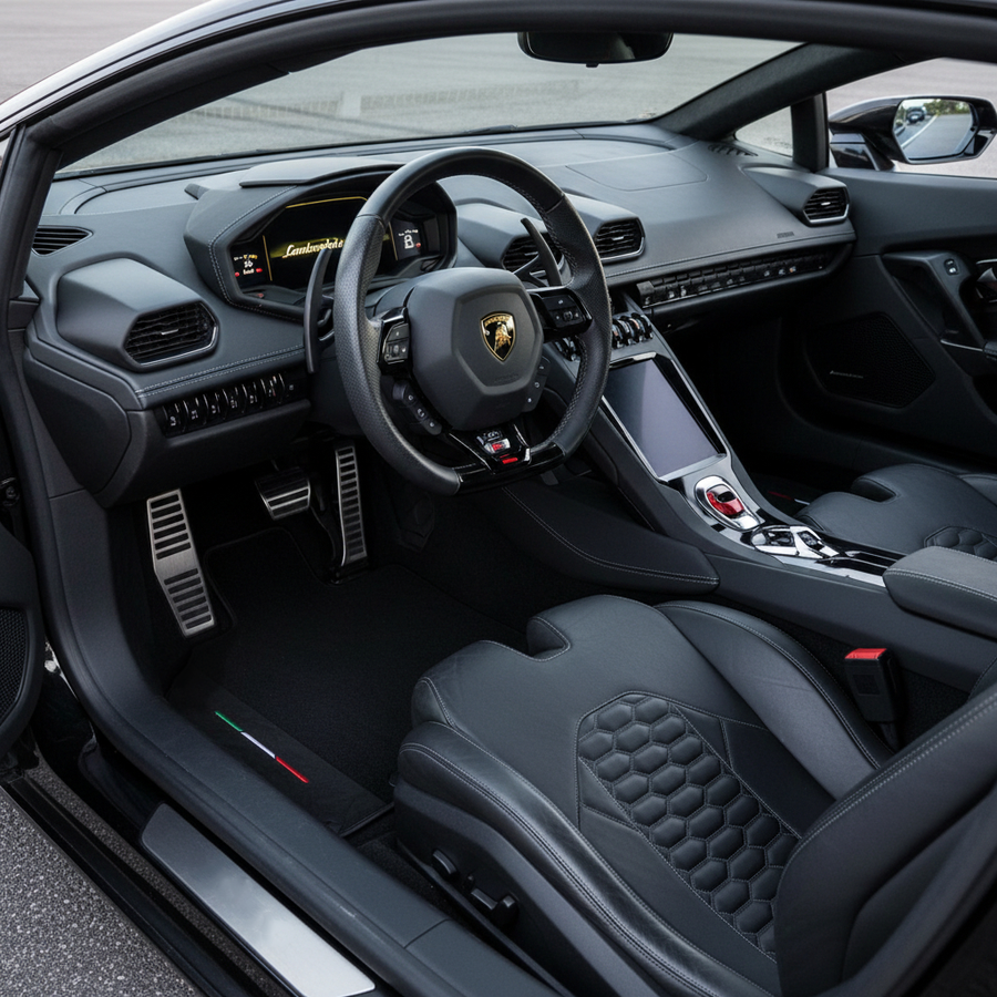 Black Floor Mats for Lamborghini Huracan Sterrato (2023-2024) with Black Alcantara Leather | Italian Flague