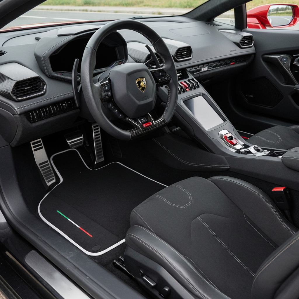 Tapis de voiture noir pour Lamborghini Huracan STO avec cuir noir | Édition italienne