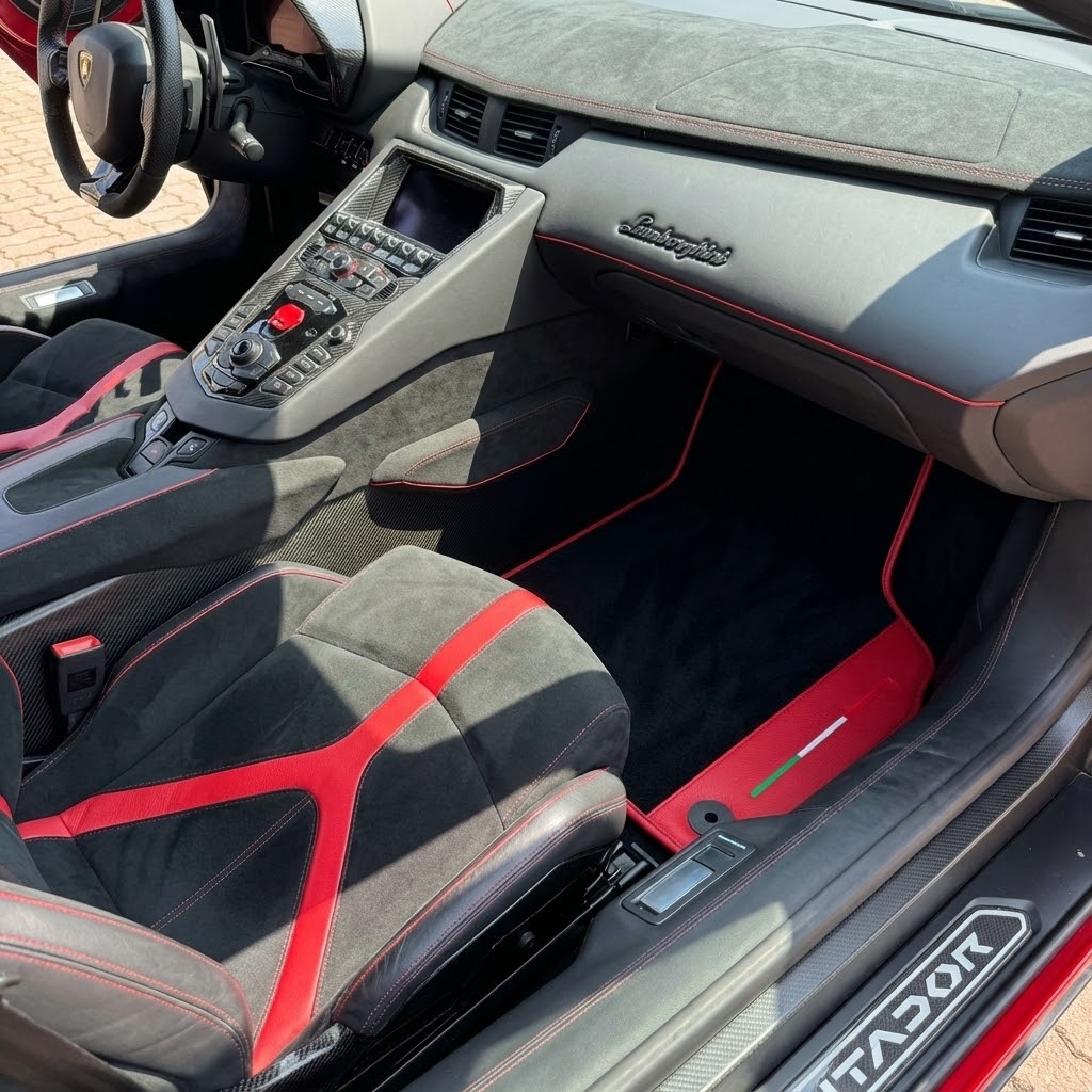 Customizable Black Floor Mats for Lamborghini Aventador With Red Leather
